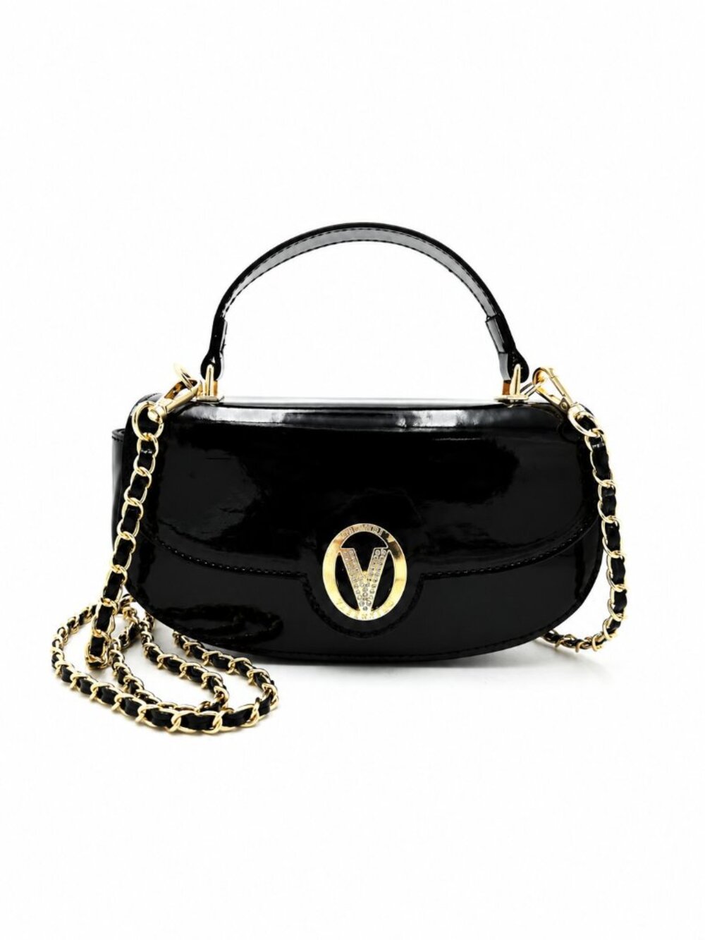Valentino Orlandi Black Patent Top Handle Chain Bag V-3020D NWT